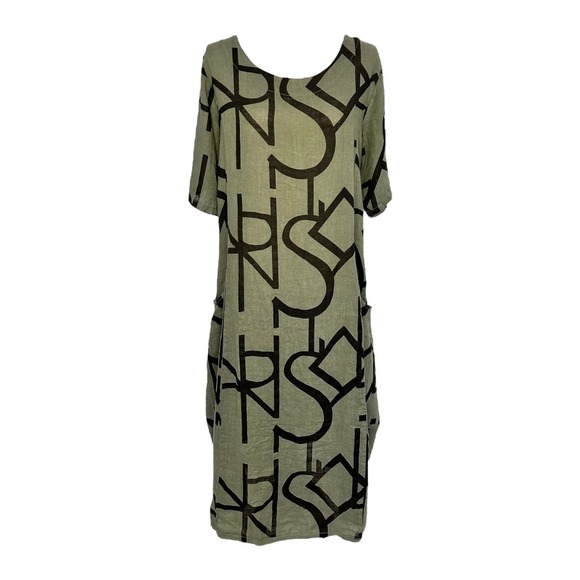 Women's Linen Midi Dress Green Olive Size M NWT Typography Print - Picture 1 of 3